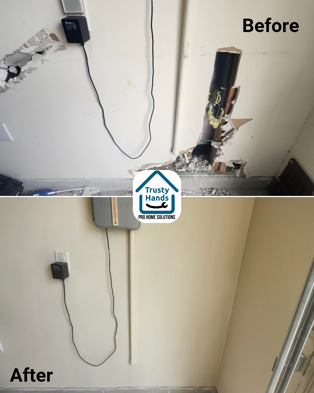 Before and after collage of a drywall hole repair in Katy, TX