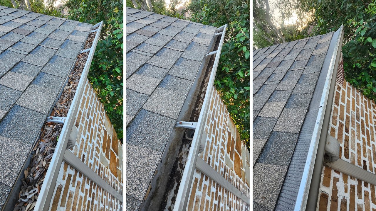 Before, during and after photos of gutter cleaning and gutter guard installation in Katy, TX