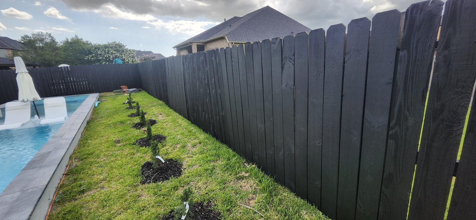 Wood privacy fence stained black around a backyard pool in Katy, TX
